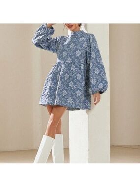 Blue Women's Textured Floral Lantern Sleeve A-Line Mini Dress